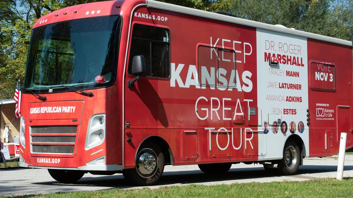 The Kansas Republican Party’s “Keep Kansas Great” bus tour stops at VFW Park in Tonganoxie, Kansas, on Oct. 7, 2020.
