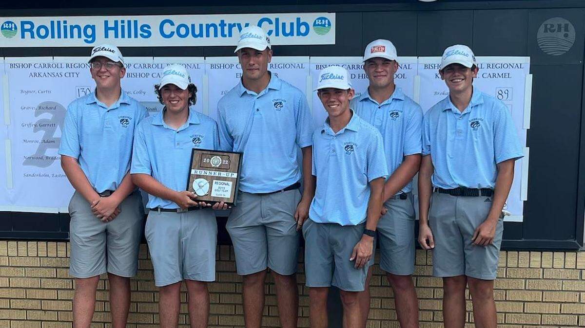 The Eisenhower boys golf team used a pack mentality to win a second-place team trophy from the Class 5A regional at Rolling Hills on Tuesday. Team members are Carson Wright, Tyler Hardtafer, Emery Kaylor, Jack Elliott, Brody Scafe and Bretn Henry.