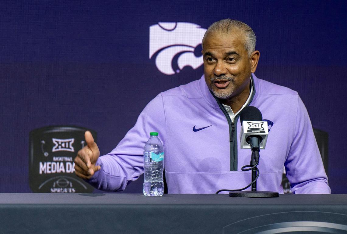 Jerome Tang, K-State head coach, addresses the media during Big 12 Basketball Media Day on Wednesday, Oct. 23, 2024, at T-Mobile Center in Kansas City.