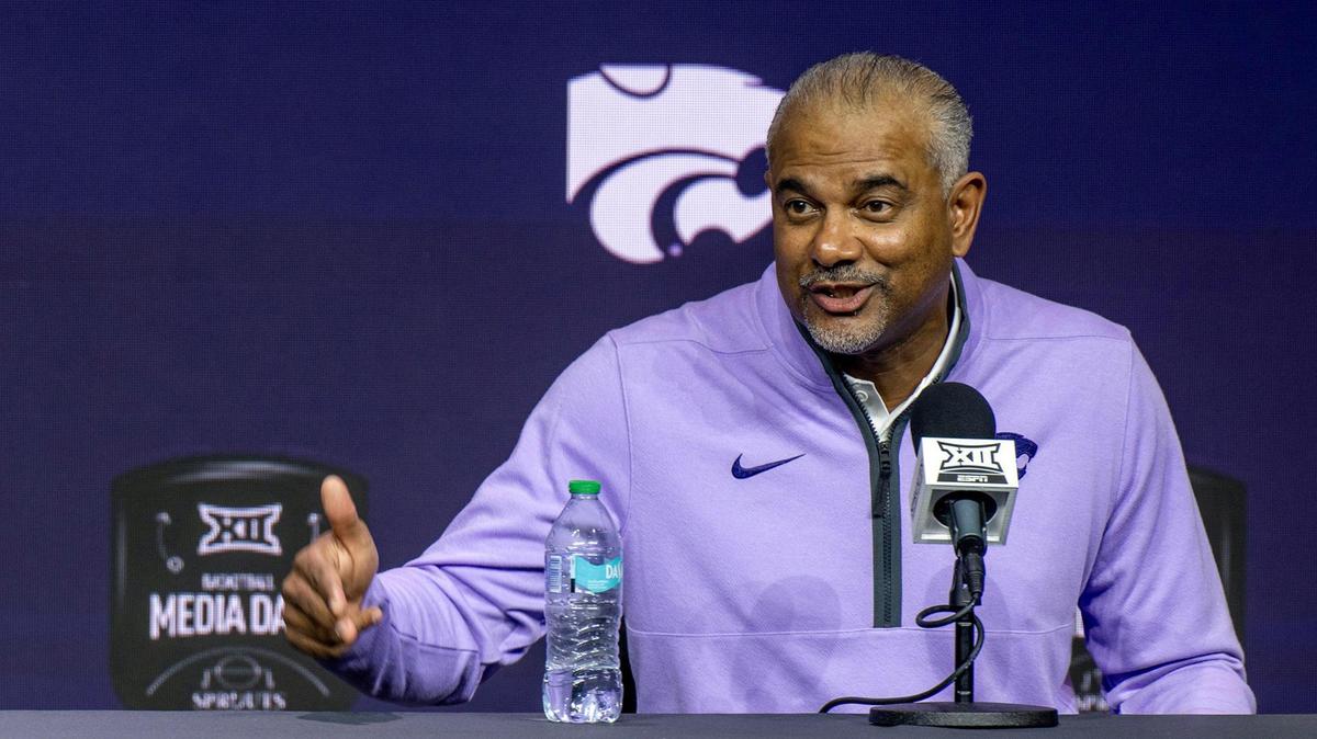 Jerome Tang, K-State head coach, addresses the media during Big 12 Basketball Media Day on Wednesday, Oct. 23, 2024, at T-Mobile Center in Kansas City.