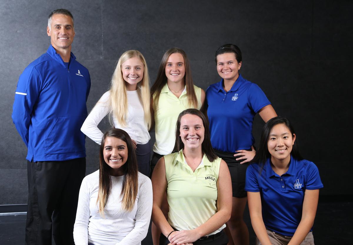 All metro golf from left, Ryan Harshaw, Andover Trojans coach, front row, Madison Slayton, Trinity. Morgan Brasser, Andale. Tiffany Chan, Andover. Back row: Hanna Hawks, Trinity Academy, Jacy Anderson, Andale, Shauna Lee, Andover. (November 7, 2018)