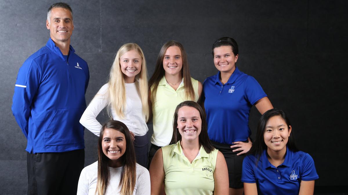All metro golf from left, Ryan Harshaw, Andover Trojans coach, front row,  Madison Slayton, Trinity.  Morgan Brasser, Andale. Tiffany Chan, Andover.  Back row: Hanna Hawks, Trinity Academy, Jacy Anderson, Andale, Shauna Lee, Andover.  (November 7, 2018)