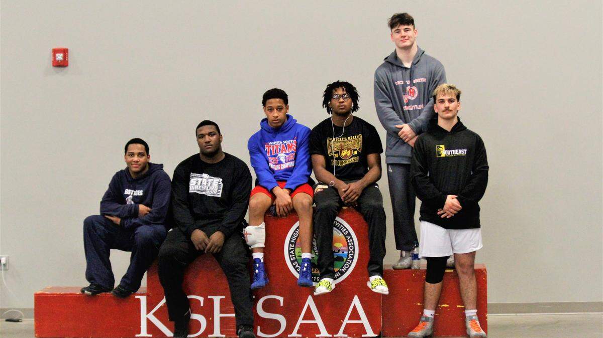 City League wrestlers (left to right): East’s Deriek Thomas, Heights’ Caylen Lowery, South’s Malachi Karibo, West’s Quentin Saunders, North’s Jackson Stroud and Southeast’s Ammean Soureshjani.