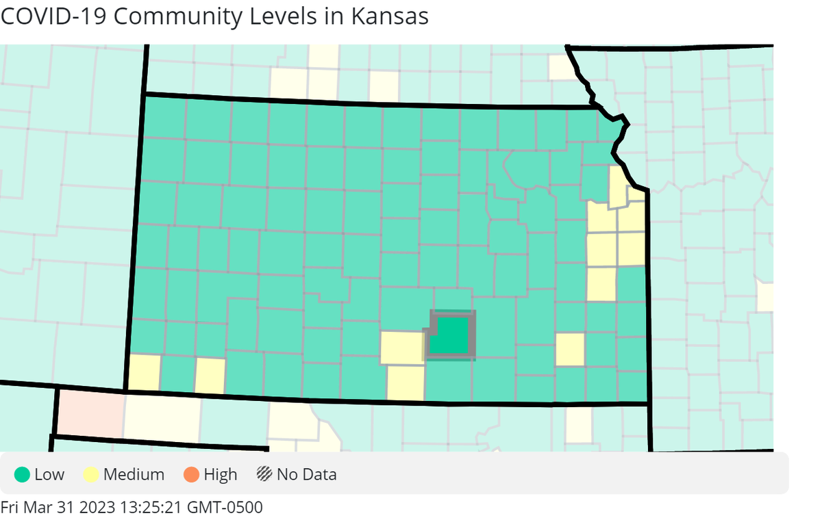 The Kansas COVID-19 community level map from the U.S. Centers for Disease Control and Prevention as of March 31, 2023.