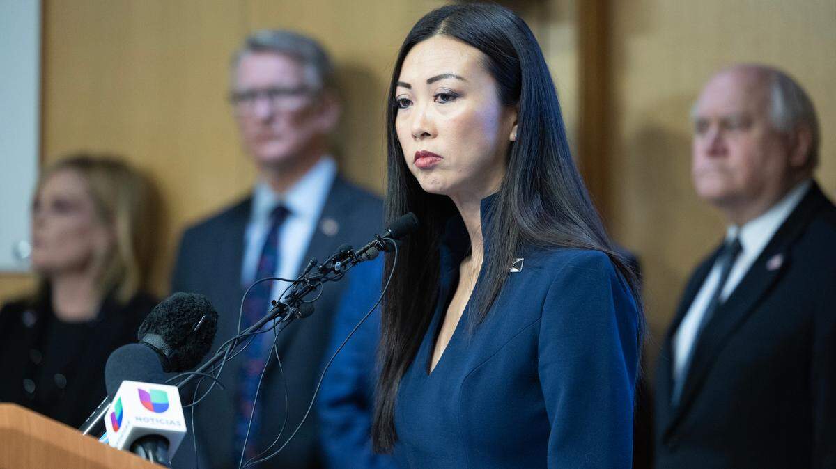 Wichita mayor Lily Wu speaks at press conference at City Hall on Thursday morning regarding the crash of American Eagle Flight 5342, which collided midair Wednesday evening with an Army Black Hawk helicopter near Reagan National Airport.