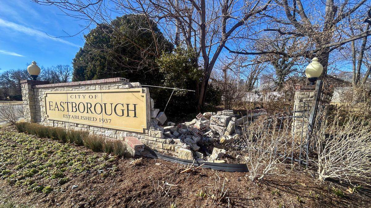 The city of Eastborough's entry sign near Towne East Mall Drive was hit by a pickup driver Sunday night. Initial estimates place repairs around $9,000.