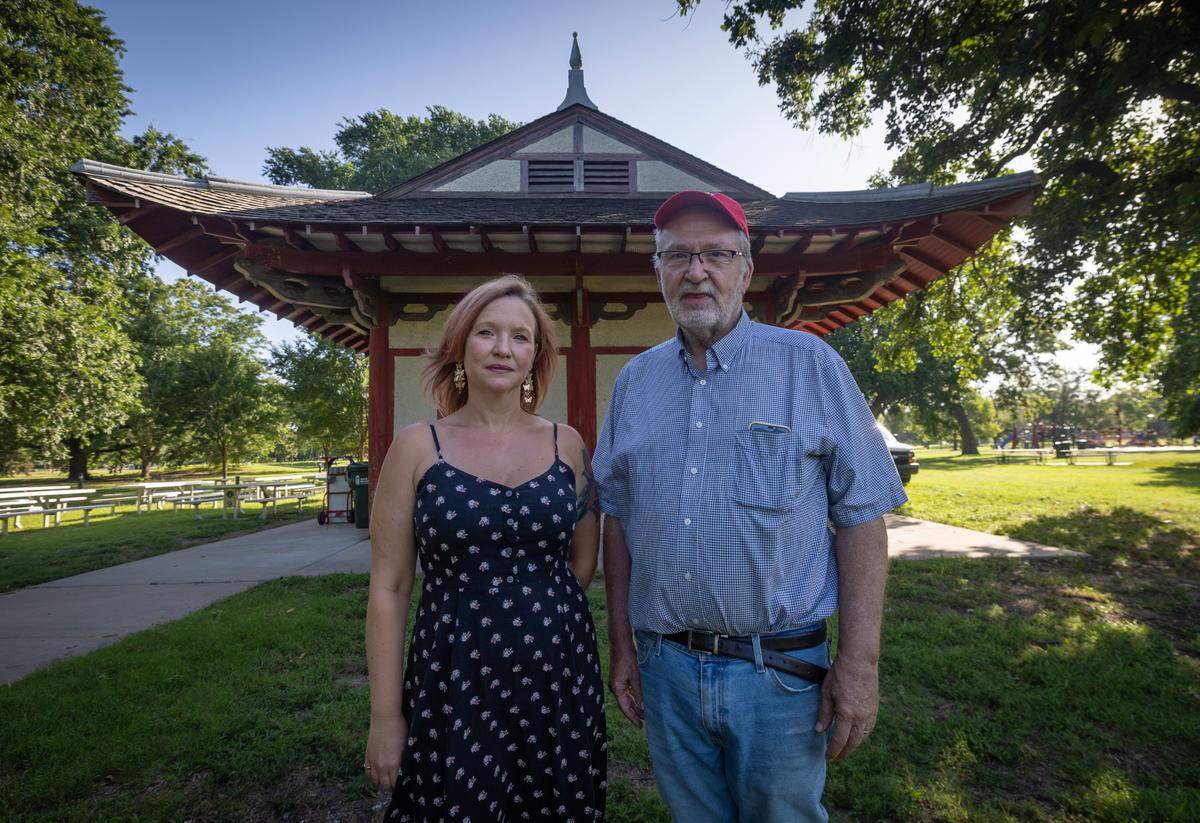 Zadi Owens, left, and former Lt. Gov. and Kansas Treasurer Lynn Rogers are leading an effort to restore a pagoda in Riverside Park. The structure was built in 1911 and served as a concessions stand. By this time next year, it should open as a wildlife classroom and event venue.