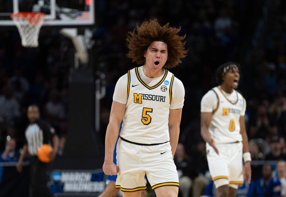Missouri’s T.O. Barrett reacts to a forced turnover late in the game against Drake. Missouri lost to Drake in the first round of the 2025 NCAA Division I Men’s Basketball Championship on Thursday, March 20, 2025.