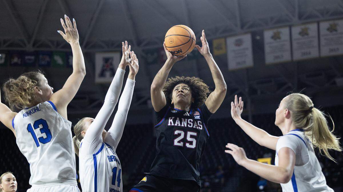 Kansas women’s basketball standout Jaliya Davis cuts through a trio of BYU defenders during the first half of their WBIT semifinal game at Wichita’s Koch Arena on Monday, March 30, 2026.