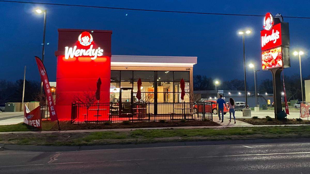 The Wendy’s on Rock Road, which was torn down late last year, has been rebuilt with a modern design and will reopen on Saturday.