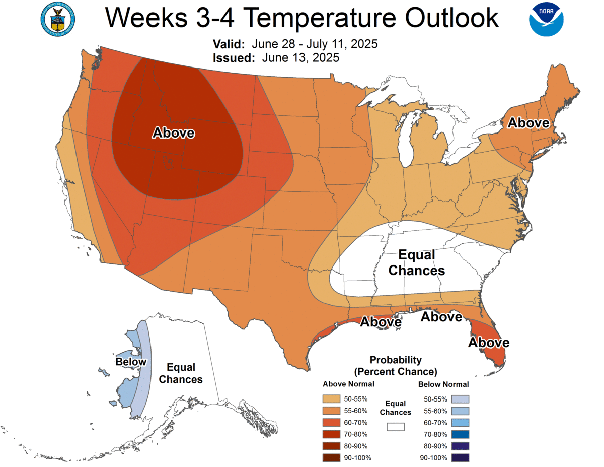 This climate prediction center map shows Kansas with higher chances of experience higher-than-normal temperatures this June and July.