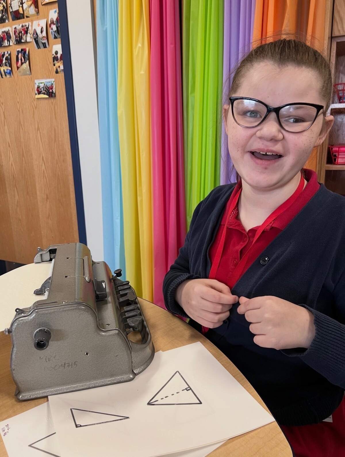 Dallas Fronken uses a Brailler, a similar device to a typewriter that puts indents into paper to create braille. Fronken has had a condition since birth that causes her to not have any light perception at all, rendering her completely blind.