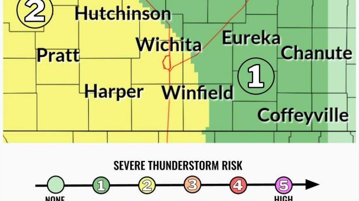 The National Weather Service in Wichita said the area is expected to see severe storms, strong winds and hail Sunday evening into the night. 