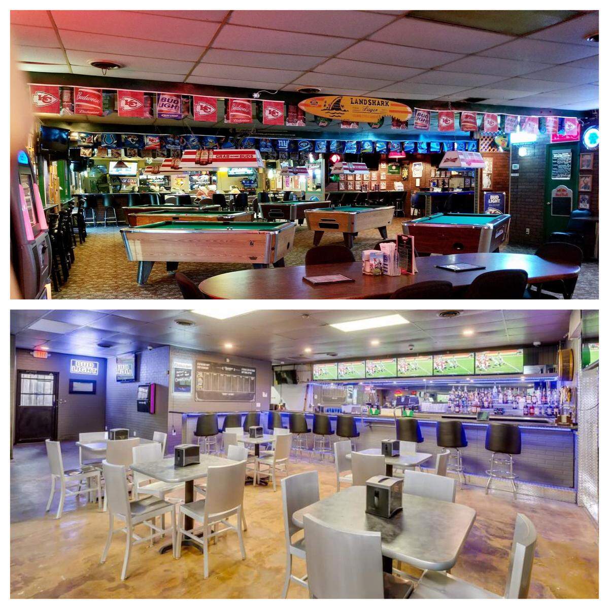 Above: Champ’s Bar & Grill was an outdated, dark relic of the 1990s. Below: The new owners of the bar have gutted and remodeled it.