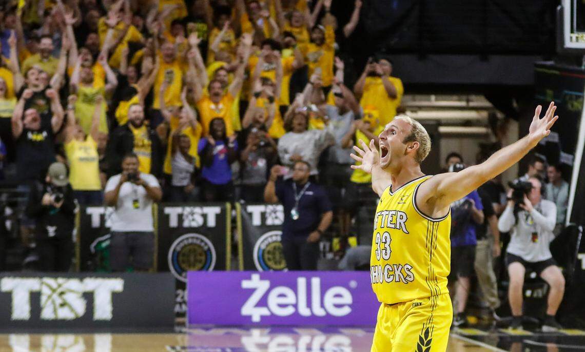Conner Frankamp reacts after hitting a wide-open three-pointer to beat Team Challenge ALS during their TNT game at Koch Arena on Tuesday night.