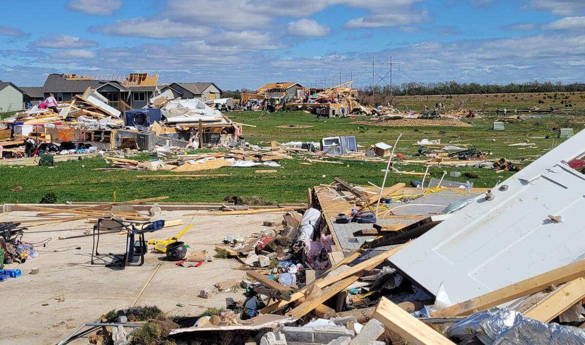 A view of the tornado damage from near where the front door would have been to Chris Batcheller’s home.