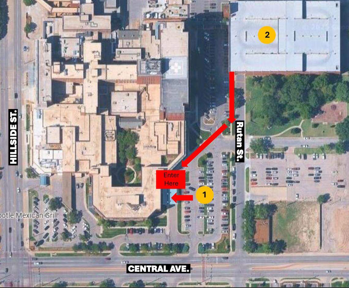 This map shows two areas where visitors to Wesley Medical Center can park during construction of a new garage over the next two years. The spots are a lot, marked 1, and an employee garage, marked 2.
