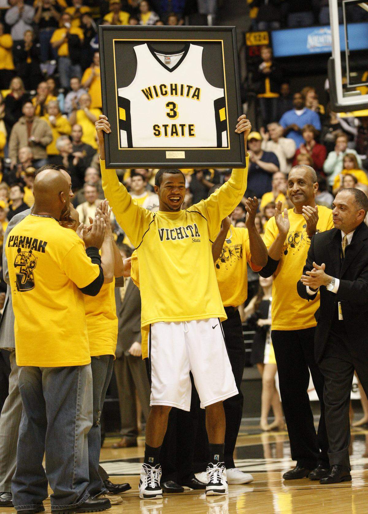 WSU senior Clevin Hannah gets honored before the game against Southern Illinois during Senior Day Saturday (Feb. 27, 2010) at Koch Arena.
