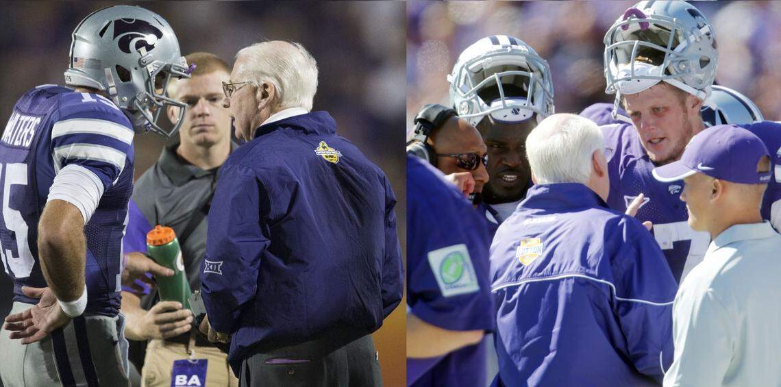 Bill Snyder coaches Jake Waters (left) and Collin Klein (right) while wearing bowl windbreakers
