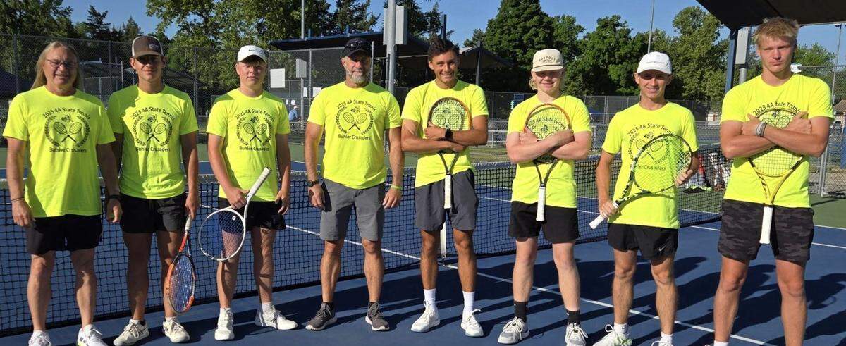 Buhler senior Davian Spies (fourth from right) won his third Class 4A singles title in Winfield this past Saturday.