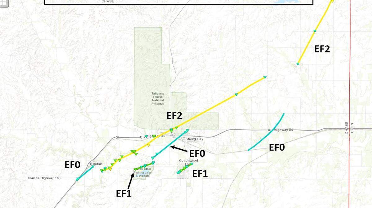 A National Weather Service preliminary report shows the paths of the eight tornadoes Wednesday in Chase County. The report also includes injuries and damages.