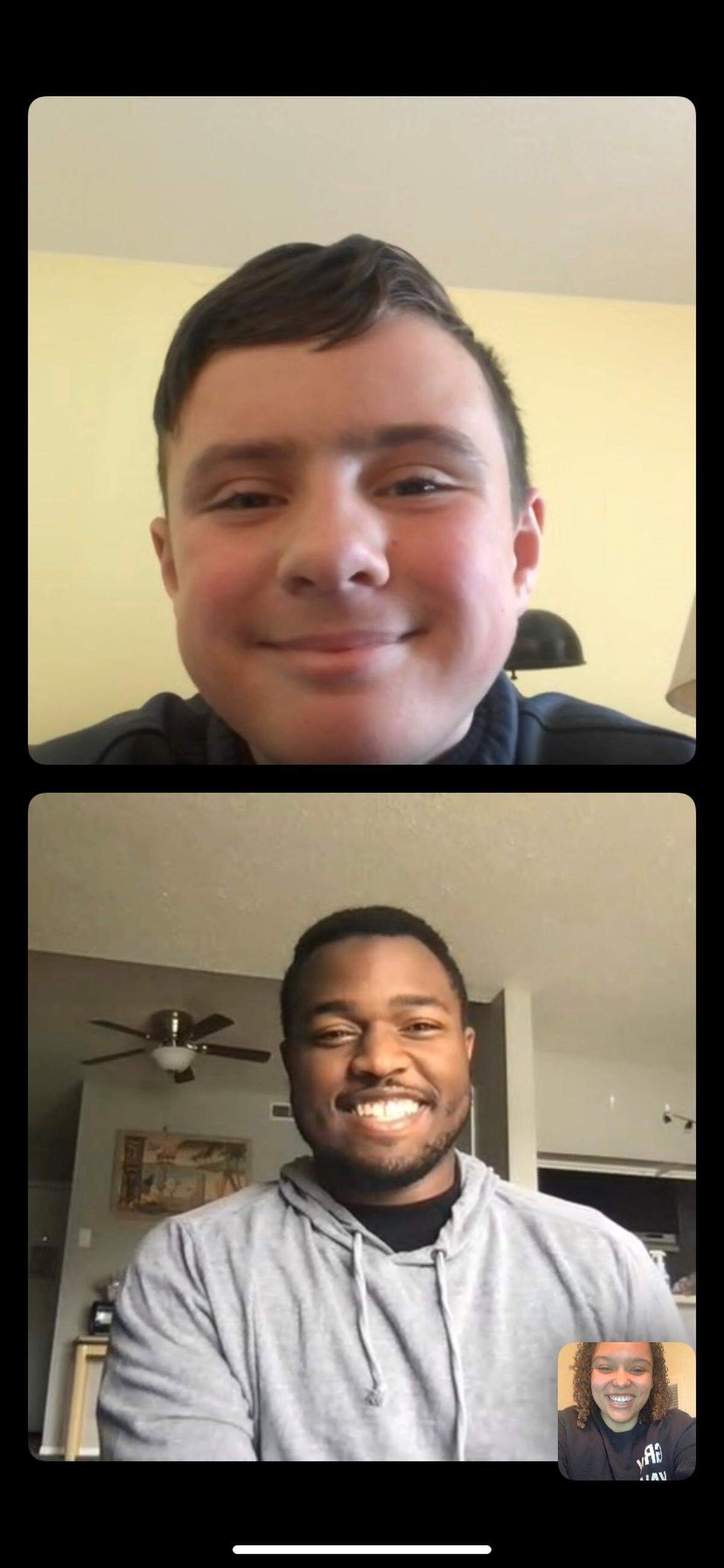 A screenshot of the match meeting for Big Brothers Big Sisters between Zackery Willis (bottom), a senior football player at Friends, and Kamerynn, a 14-year-old from Wichita.
