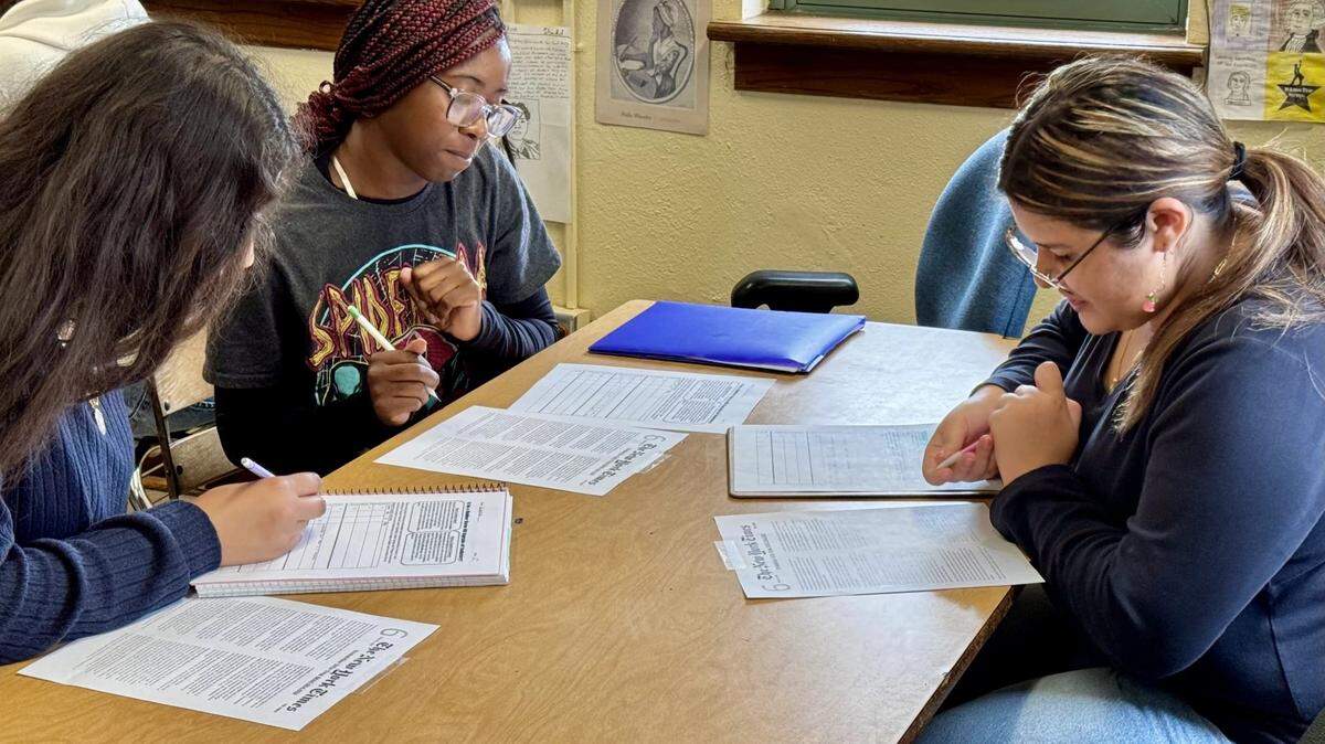 Students at Wichita North High School work on an assignment in history class.