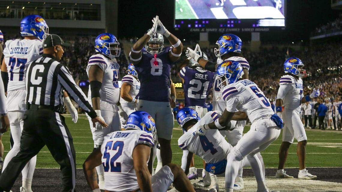 Kansas State Wildcats defensive end Chiddi Obiazor celebrates a safety against Kansas Jayhawks during the second quarter at Bill Snyder Family Football Stadium.