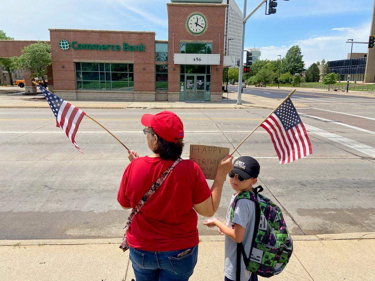 The Sedgwick County Republican Party organized a rally to celebrate Flag Day and President Trump’s birthday on Saturday in front of the Historic Courthouse downtown.