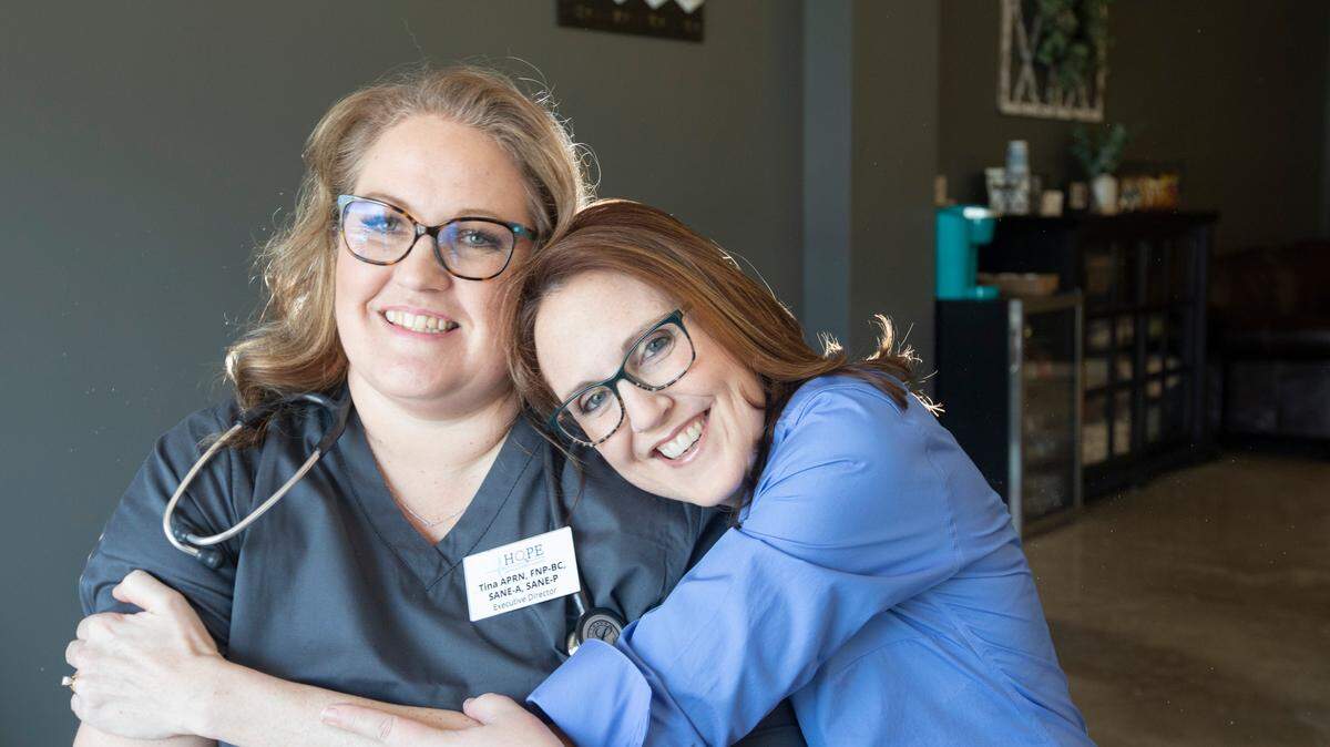 Tina Peck, left, started Hope Medical Forensic Services to offer victims of abuse a more private, comfortable treatment option than what hospitals generally can provide. Peck’s friend, Beth Duff, right, is director of clinical operations and said she’s particularly proud of Peck.