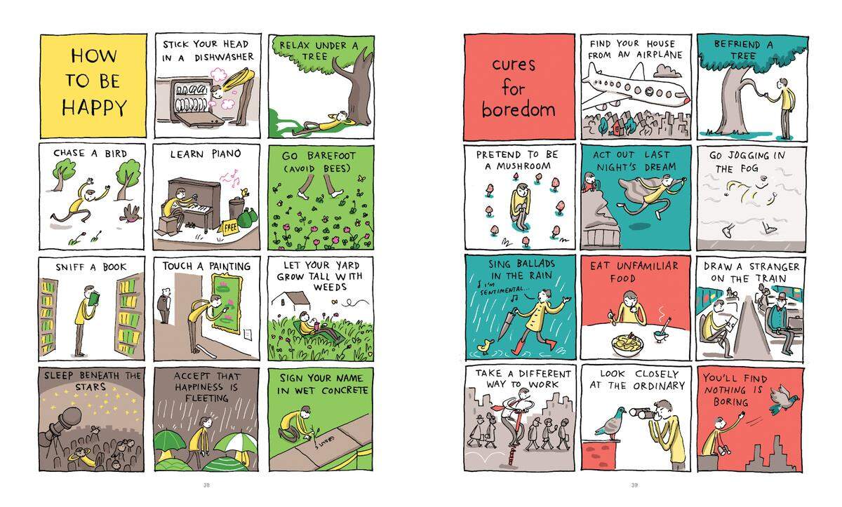 Two pages from Grant Snider’s “The Art of Living: Reflections on Mindfulness and the Overexamined Life.”