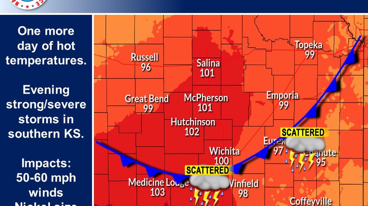 Wichita has a forecasted daytime high of 100 degrees on Father’s Day. In the evening, a cold front could bring high winds and hail.