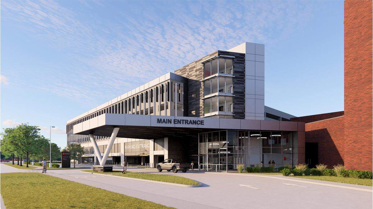This illustration shows what the new main parking garage and entrance at Wesley Medical Center will look like when it’s completed in about two years.