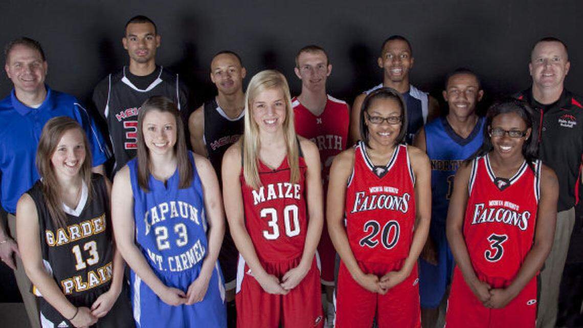 All Metro girls and boys basketball team front from left: Alli Heimerman, Garden Plain; Katie Andersen, Kapaun; Paige Lungwitz, Maize; Katie Palmer, Heights; Taylor Chandler, Heights. Back from left: Coach John Cherne, Kapaun; Perry Ellis, Heights; Terrence Moore, Heights; Conner Frankamp, North; Jalen Love, East; Craig Nicholson, Northwest; Coach Kip Pulliam, Heights.