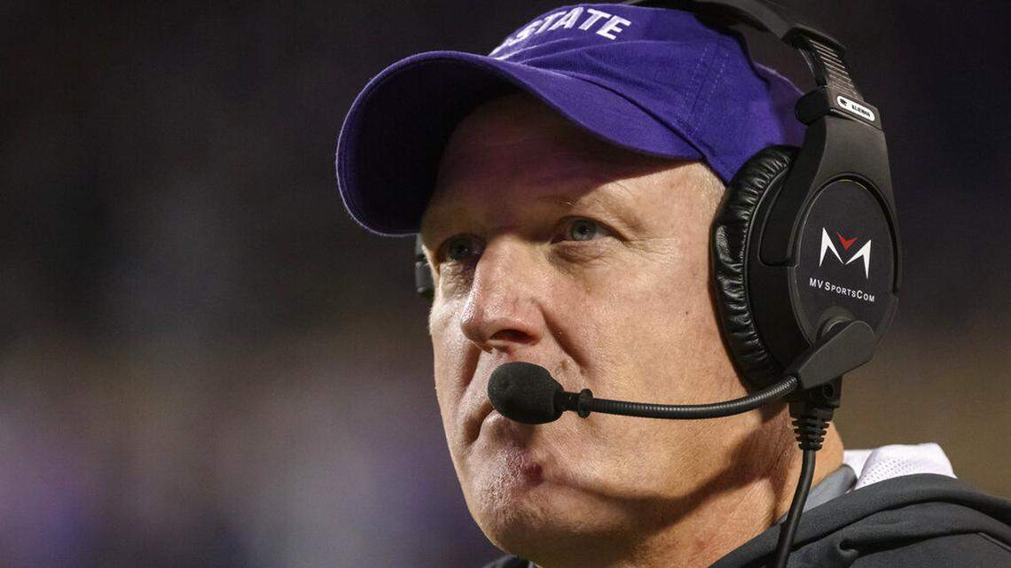 Kansas State head coach Chris Klieman looks to the scoreboard during the second half of an NCAA college football game against Texas Saturday, Nov. 5, 2022, in Manhattan, Kan. (AP Photo/Reed Hoffmann)
