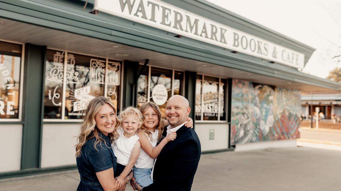 Erin and Ryan Potter, along with their daughters, Isabella, second from left, and Julia, second from right, all love reading and shopping at Watermark Books & Cafe. Now, they own the longtime business.