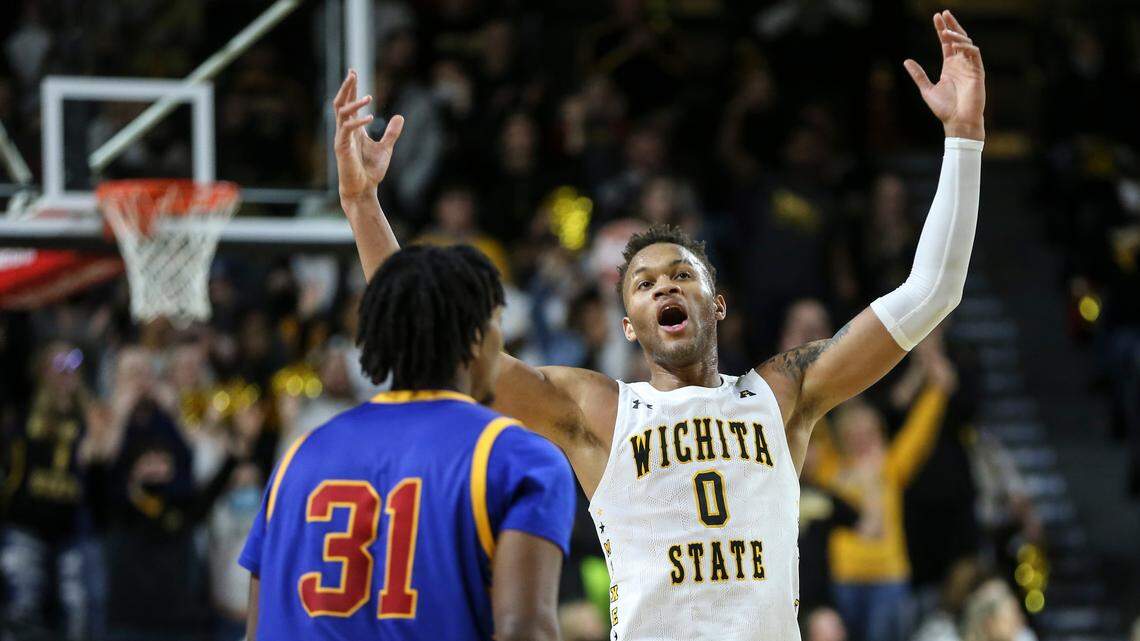 Wichita State’s Dexter Dennis celebrates a three-pointer late in the second half against Tulsa on Tuesday night at Koch Arena.