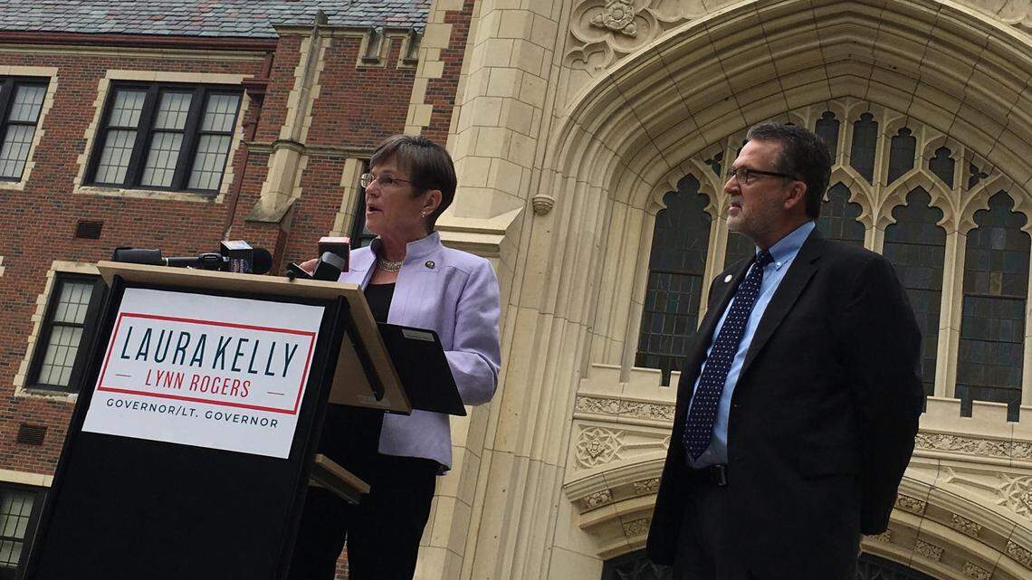 Sen. Laura Kelly announces Sen. Lynn Rogers as her running mate in the governor's race on May 24, 2018.