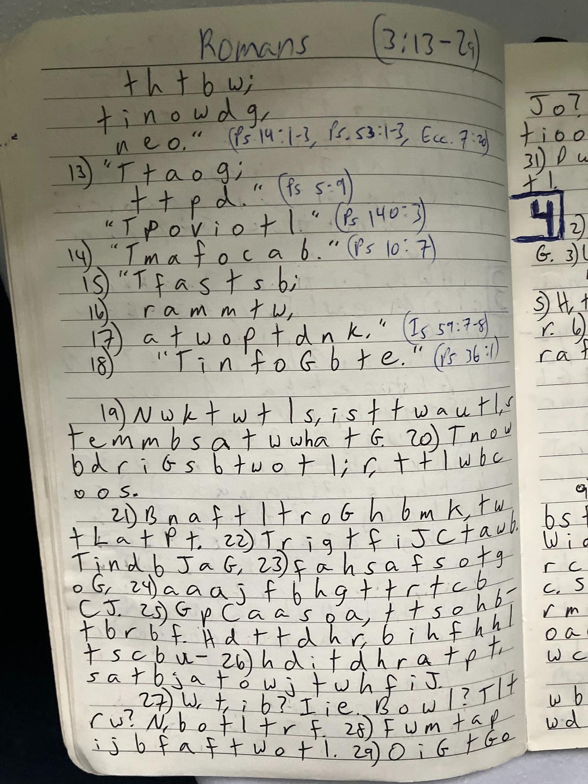 One of the tools Aaron Wirtz uses to memorize scripture passages is writing down the first letter of each word.