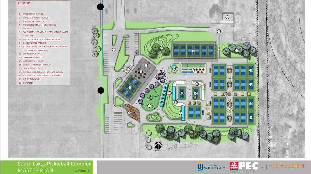 A design plan for the pickleball complex at South Lakes. The cost of the proposed project is doubling from $3 million to $6.1 million.