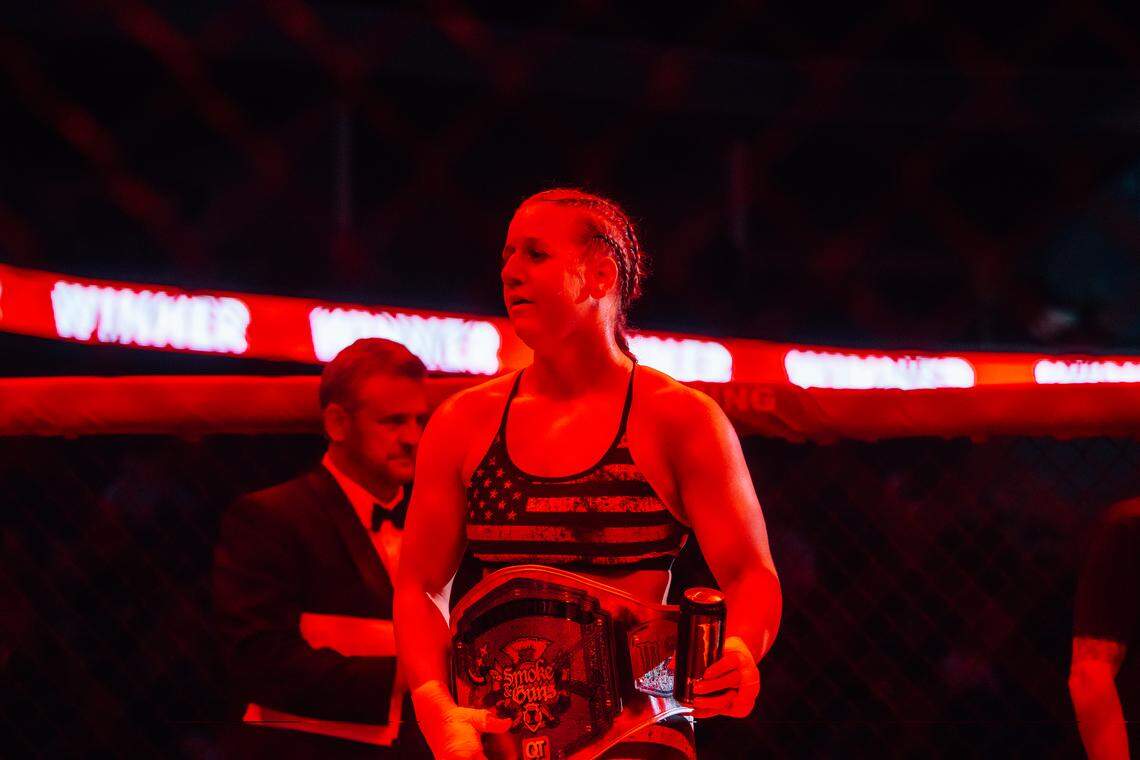 Firefighter Carlye Anderson is determined to bring home her fifth championship belt following the QuikTrip Smoke & Guns fight night in Tulsa on Saturday.
