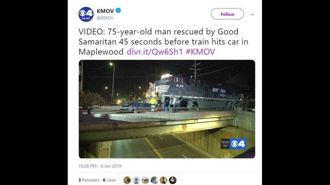 A train crashed into a car stuck on tracks in Maplewood, Missouri.