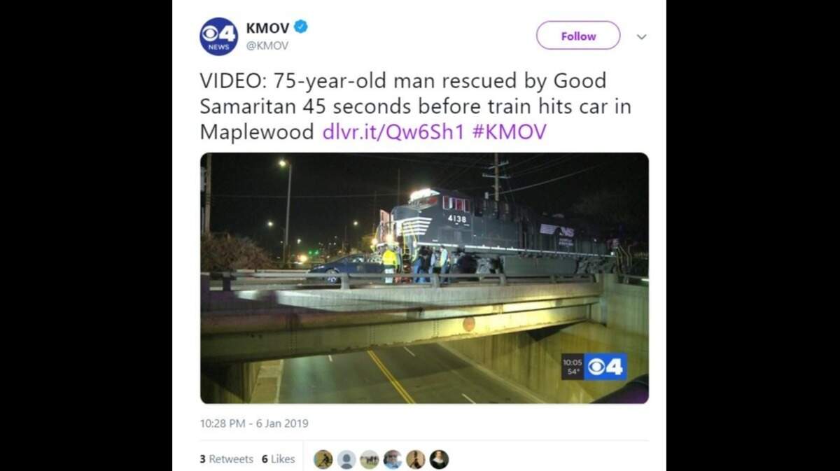 A train crashed into a car stuck on tracks in Maplewood, Missouri.