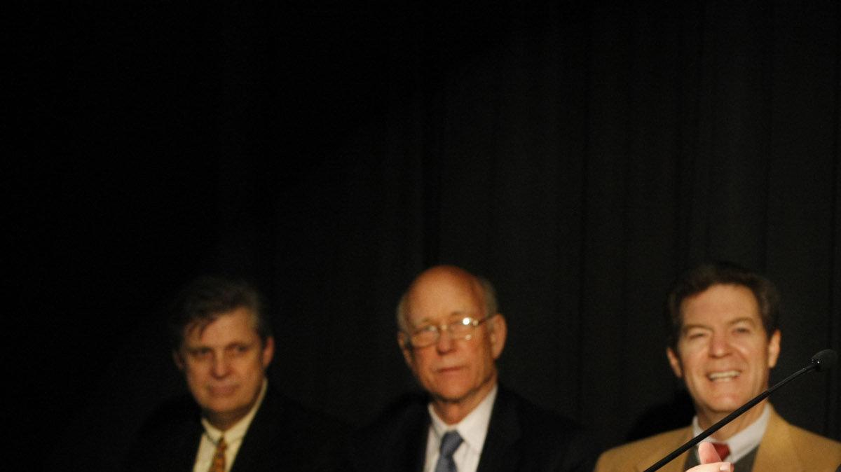 U.S. Congressman Mike Pompeo, Governor Sam Brownback, Sen. Pat Roberts and former congressman Todd Tiahrt, right to left, address the media on Boeing's contract with the U.S. Air Force to build the next generation of refueling tankers in 2011 at Boeing.