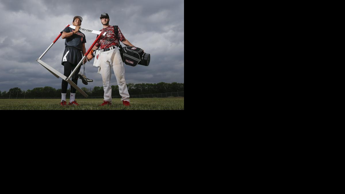 Heights outfielders Caleb Haight, right, and Creighton Sanders play two spring sports each. Haight is a senior and also a golfer. He finished second in the 5A golf tournament Tuesday. Sanders is a sophomore and competes in the 110-meter hurdles Friday at Cessna Stadium. 

