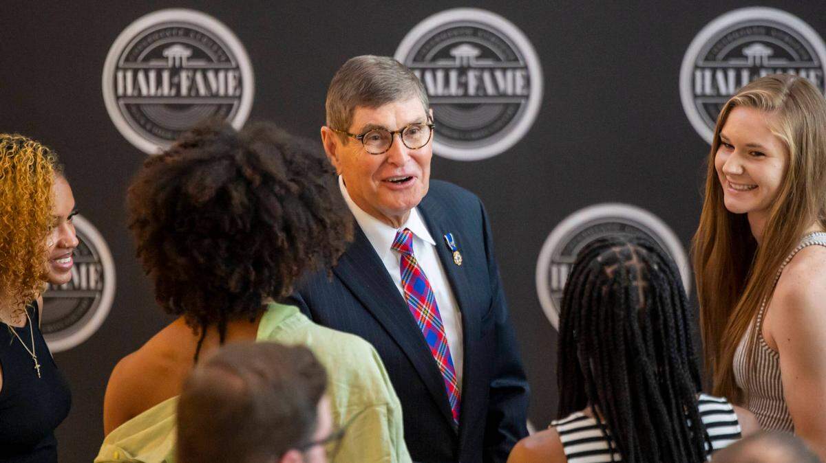Jim Ryun during the Collegiate Athlete Hall of Fame Induction Ceremony on Monday at Hult Center in Eugene, Ore.