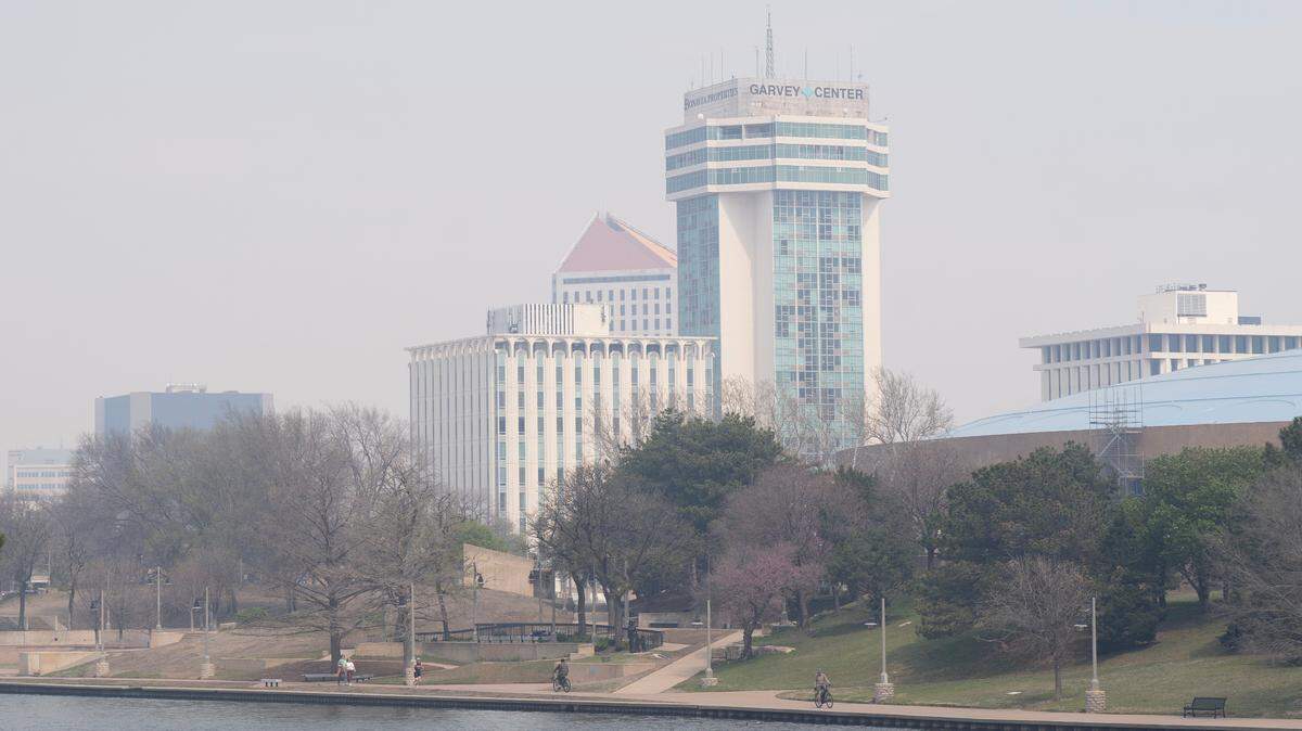 A very smoky downtown Wichita on Friday afternoon. The unhealthy air quality is from a prescribed burn in the Flint Hills and will be followed Saturday with strong winds with gusts as high as 65 mph.