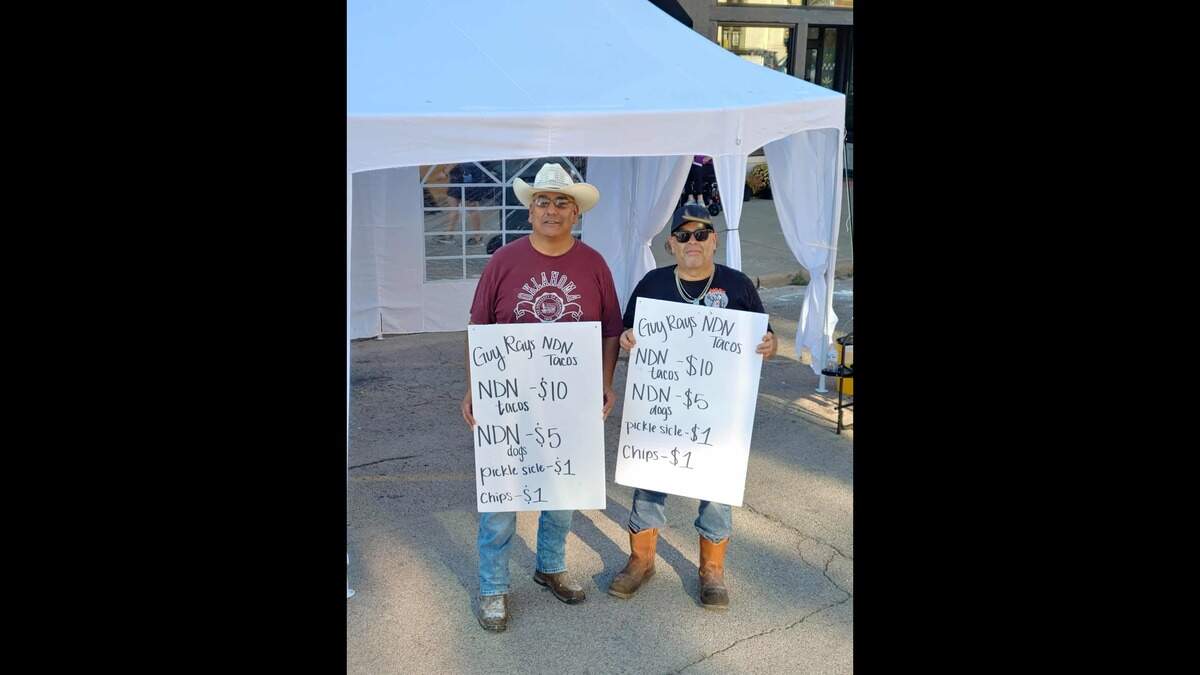 Guy Pocowatchit and Daniel Forshey, right, competed in the National Indian Taco Championship in October 2024 in Oklahoma.