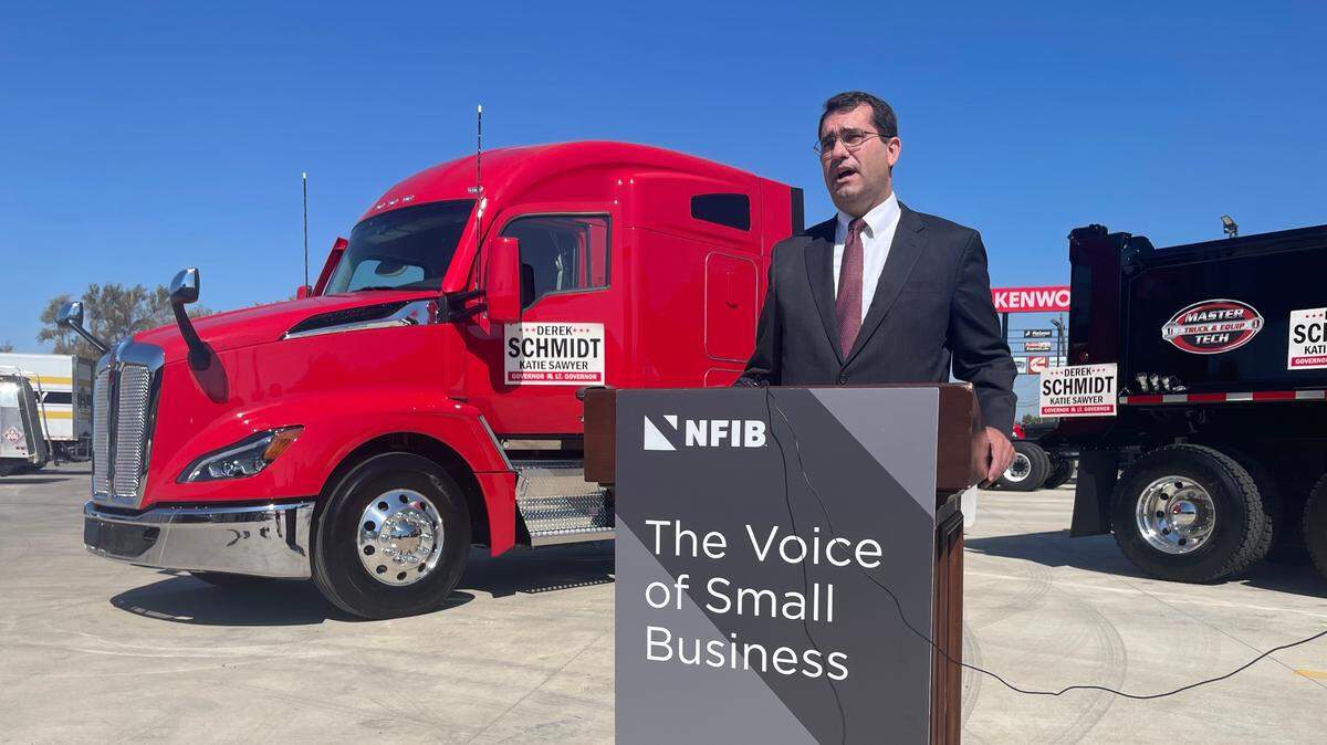 Kansas Attorney General and Republican gubernatorial nominee Derek Schmidt speaks at a campaign stop in Park City on Sept. 29, 2022.