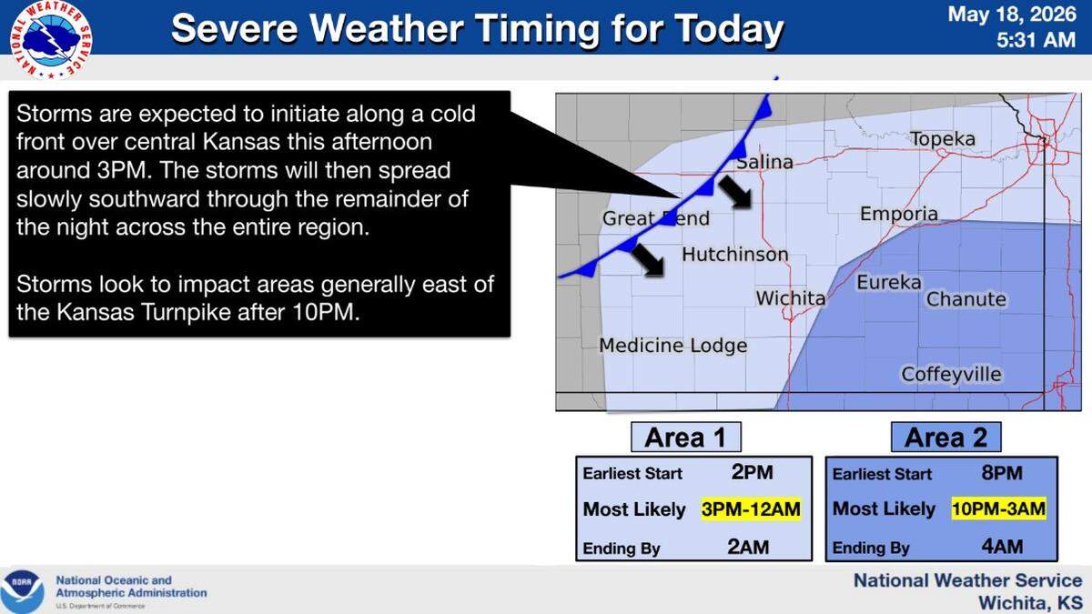 Storms are expected to start midafternoon Monday in central Kansas, including Wichita.